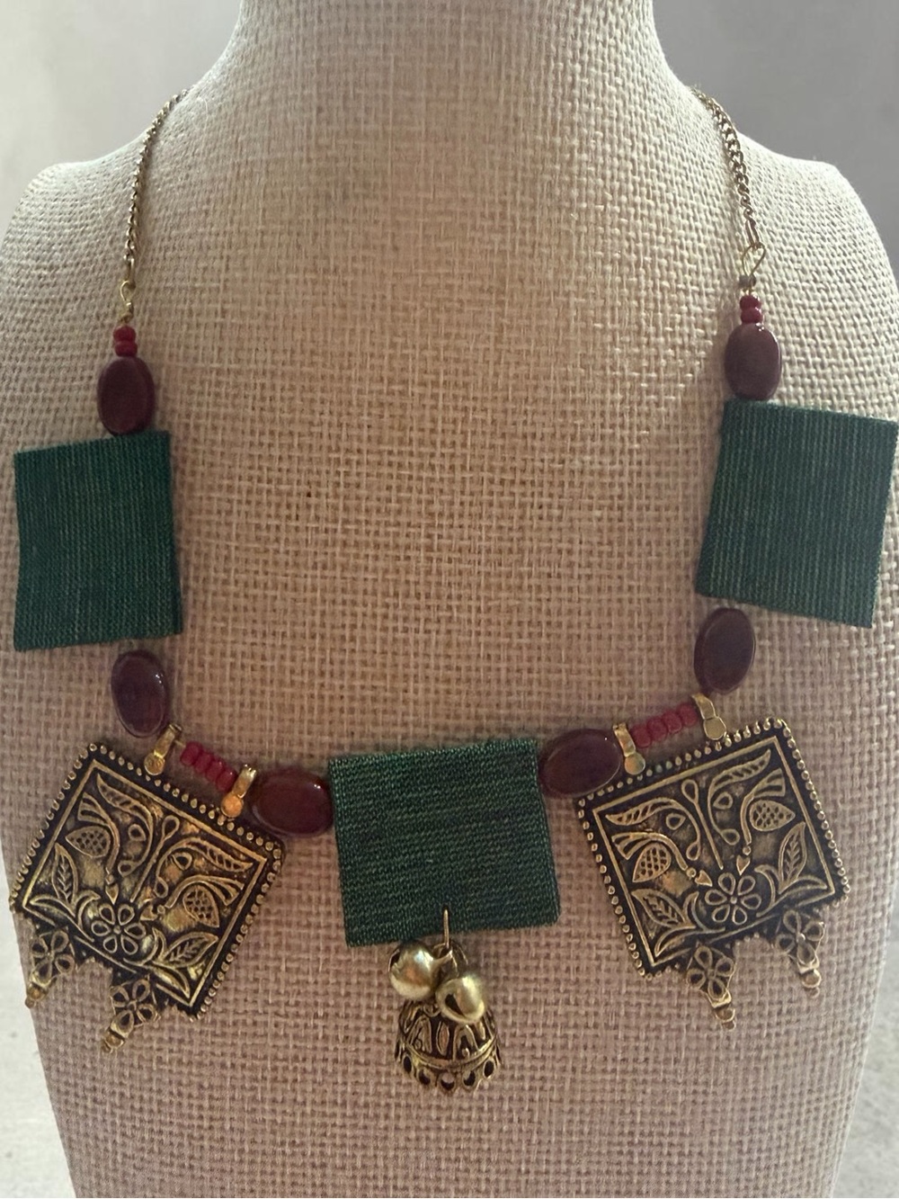 Handcrafted Green and Gold Statement Necklace